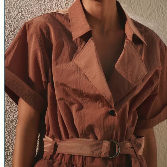 Varley Belted Crinkled Nylon Playsuit Romper Jumpsuit Brown Shimmer NWT $188 - Picture 3 of 12
